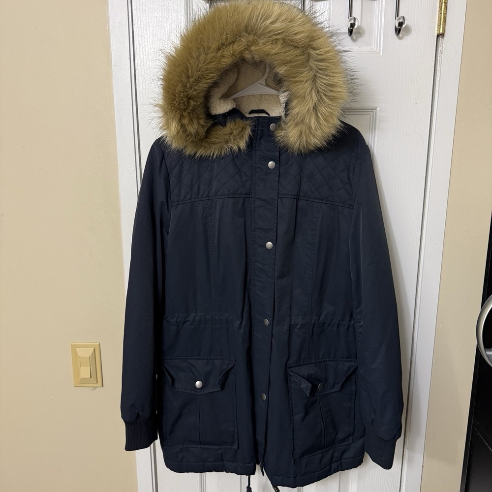 G.H. Bass & Company Navy Women's Large Jacket Faux Fur Hood Sherpa Lined